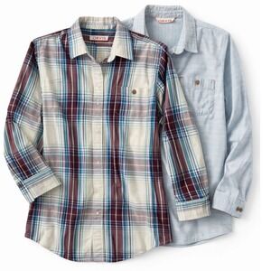 Orvis Womens Button Down Shirt Lot of 2 Plaid and Blue Long Sleeve Tops Small